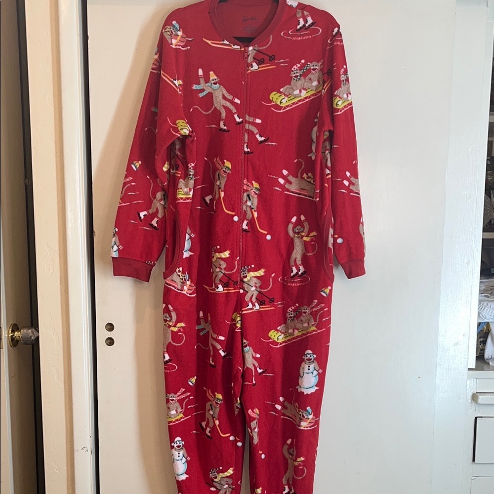 Nick & Nora Red Fleece Pajama Onesie with Playful Print size large